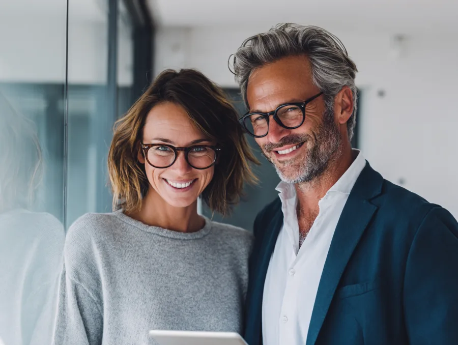 Smiling couple looking at a tablet